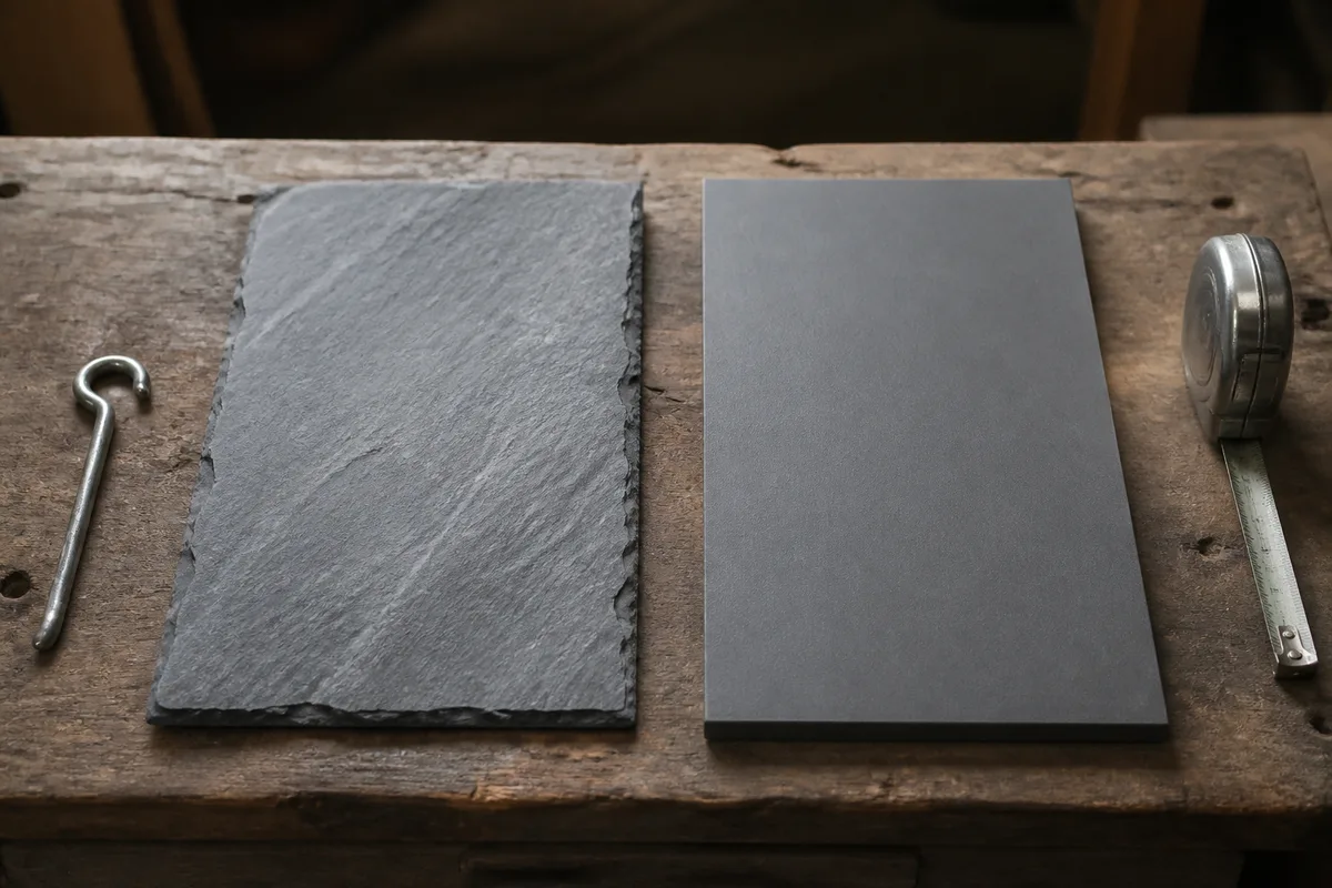 Comparaison de deux ardoises posées côte à côte, pierre naturelle et plaque fibres-ciment