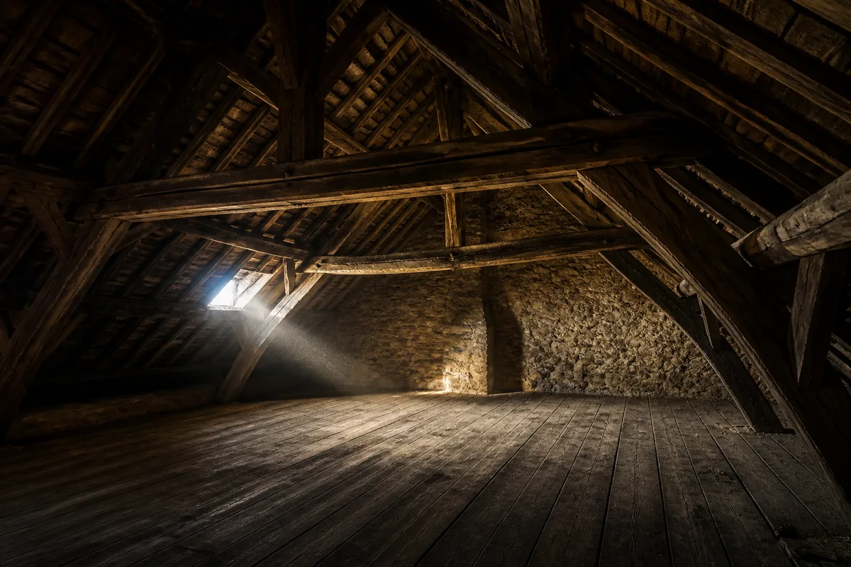 Charpente traditionnelle en bois d&rsquo;une longère bretonne vue depuis le comble