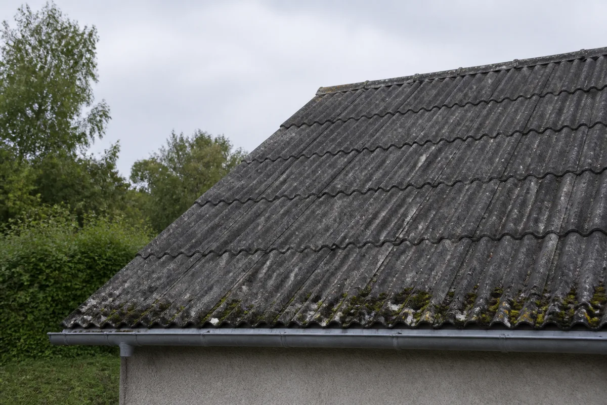 Toiture ancienne en plaques fibres-ciment vieillies sur un pavillon breton