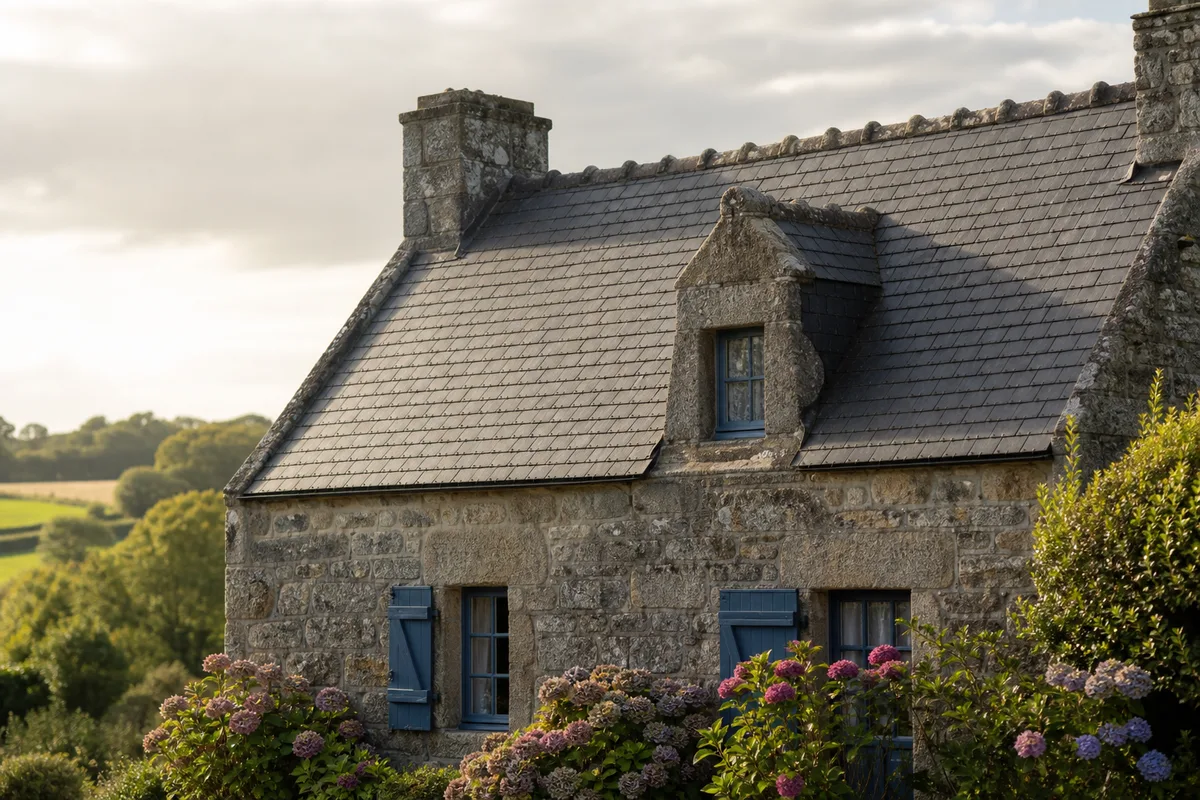 Toiture en ardoise naturelle d’une maison de granit dans le Léon