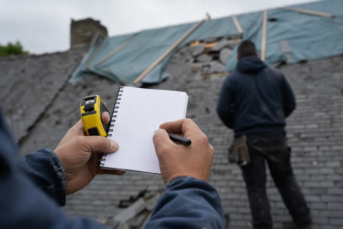 Expertise d’une toiture d’ardoise endommagée, carnet et mètre à la main