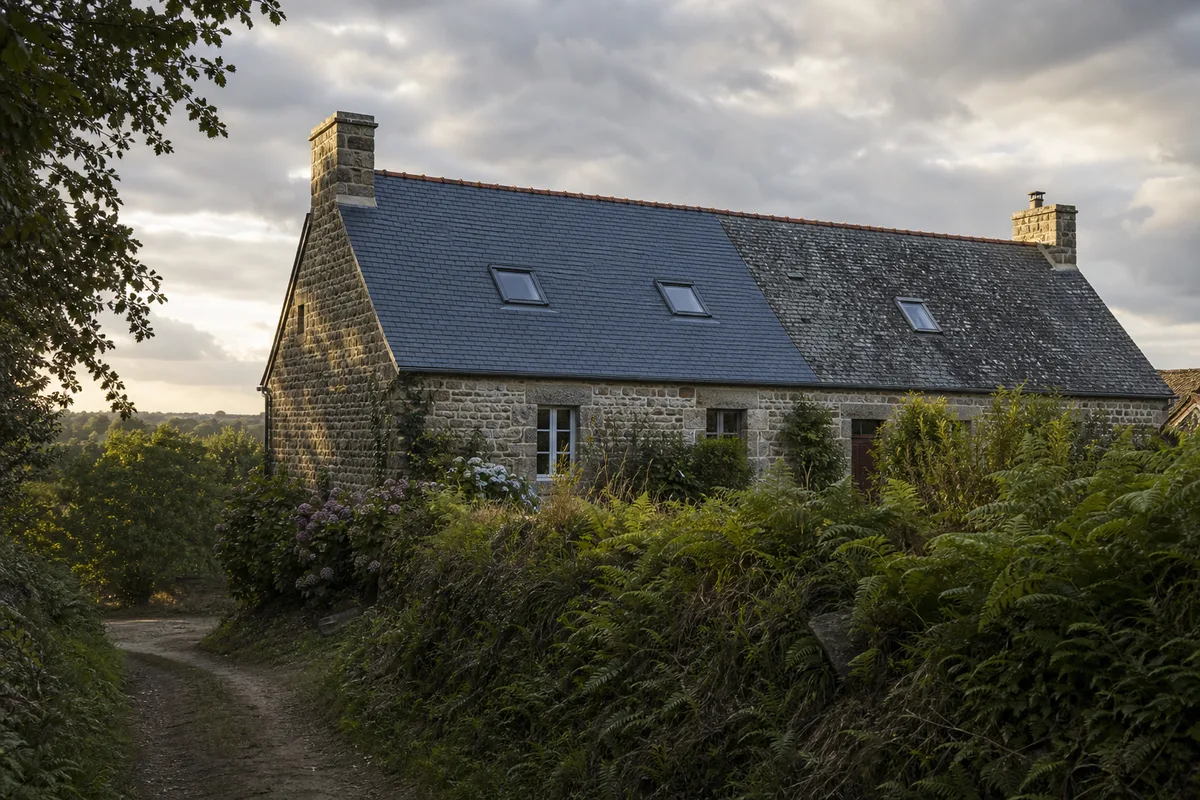 Longère bretonne en granit à la toiture d’ardoise partiellement rénovée au bord d’un chemin creux de la vallée de l’Aulne