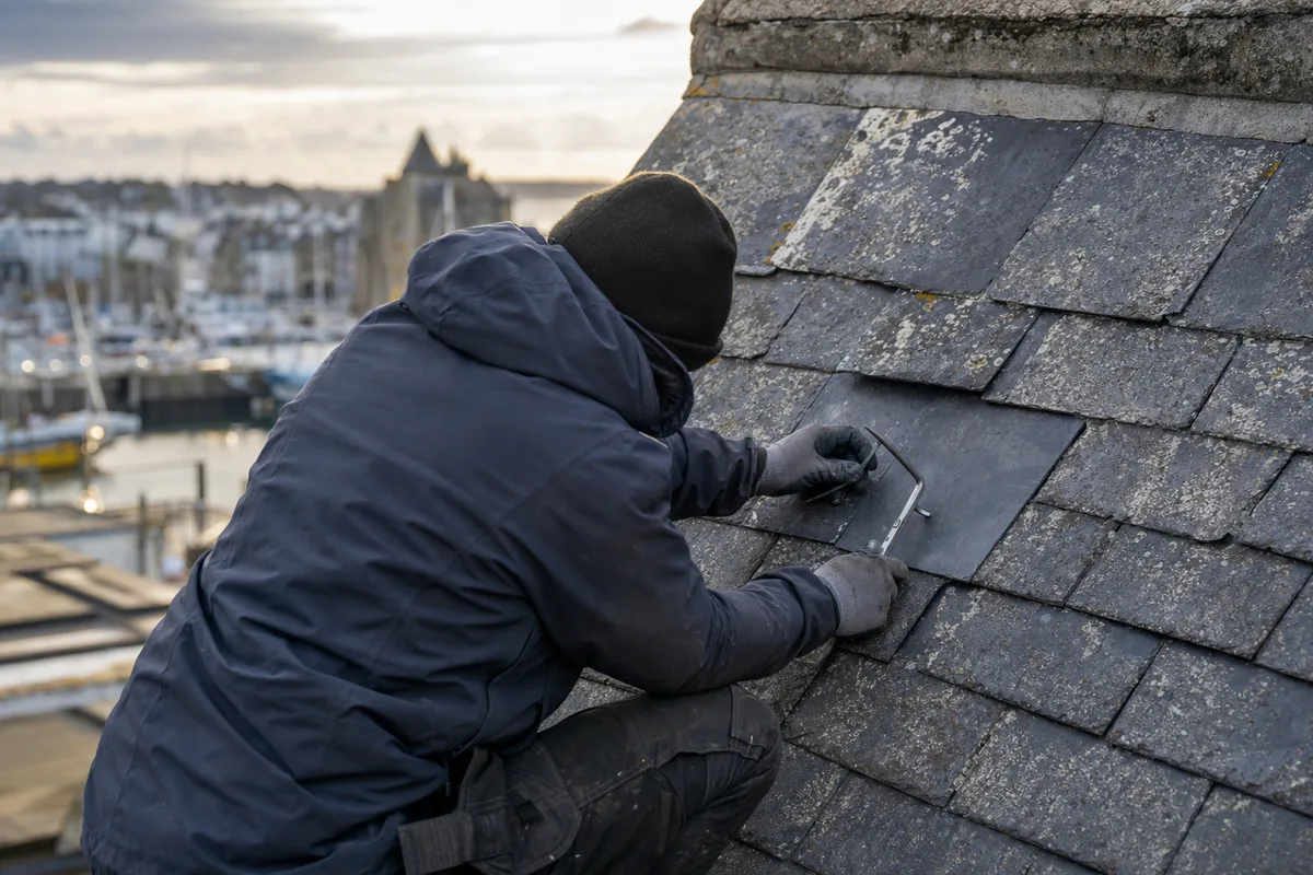 Couvreur reprenant un rang d’ardoises sur une toiture ancienne près du port de Concarneau