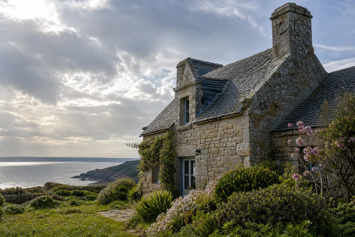 Maison en granit de la presqu’île de Crozon coiffée d’un toit d’ardoise sous la lumière marine