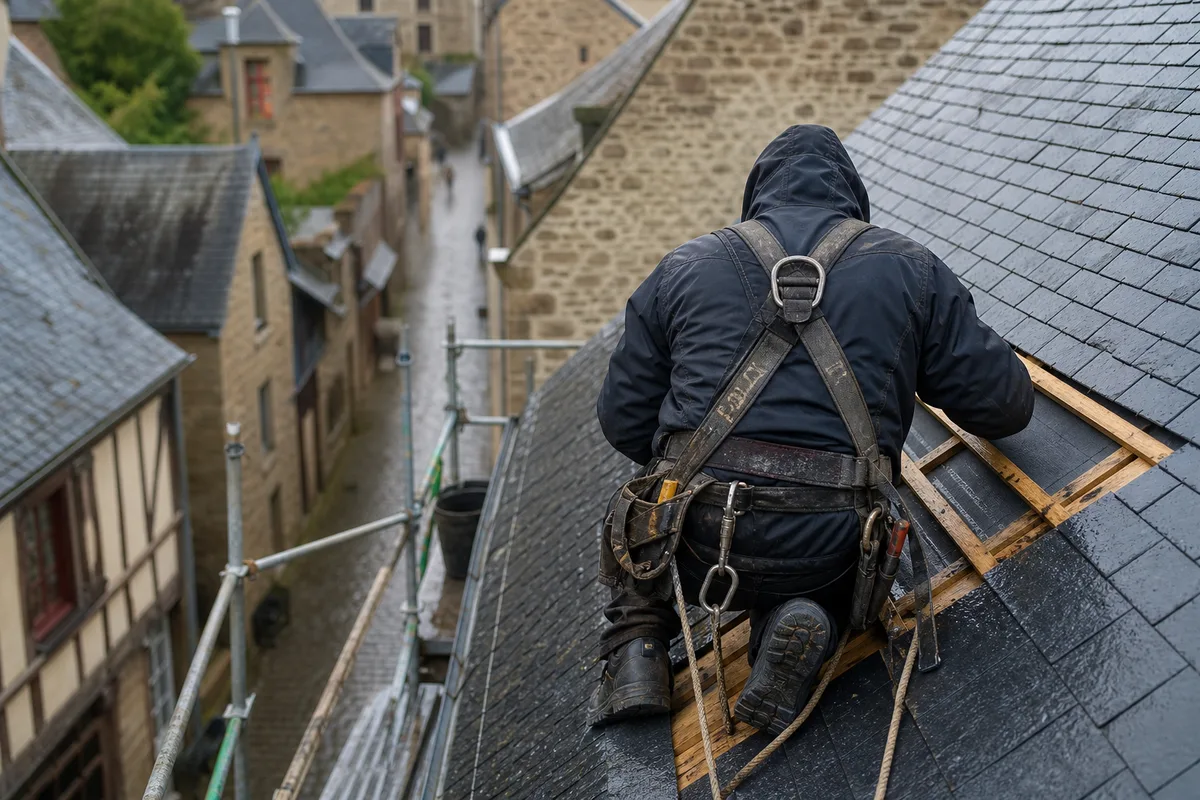 Couvreur de dos travaillant sur une toiture d’ardoise à forte pente au-dessus d’une ruelle de granit