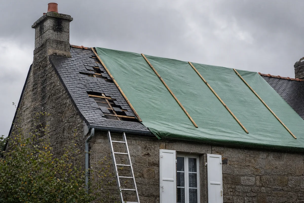 Bâche de protection tendue sur un toit d’ardoise après une tempête dans le Léon