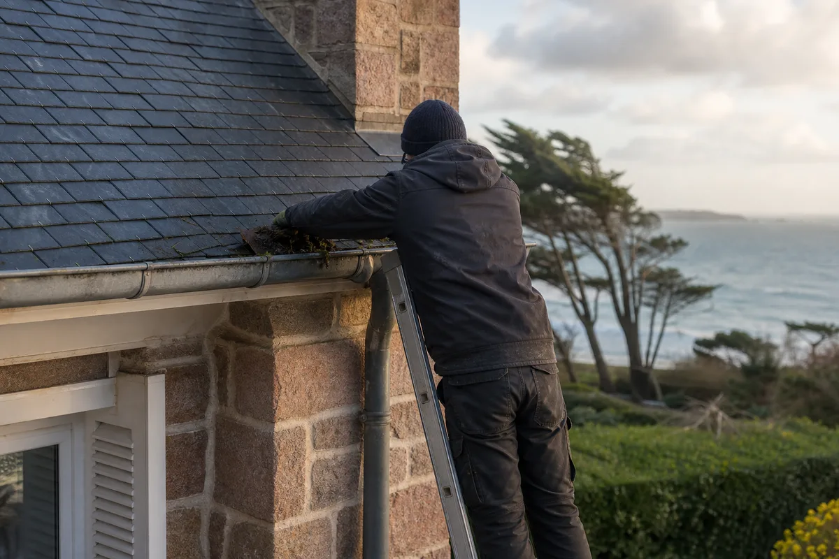 Couvreur nettoyant une gouttière en zinc sur une villa du littoral trégorrois