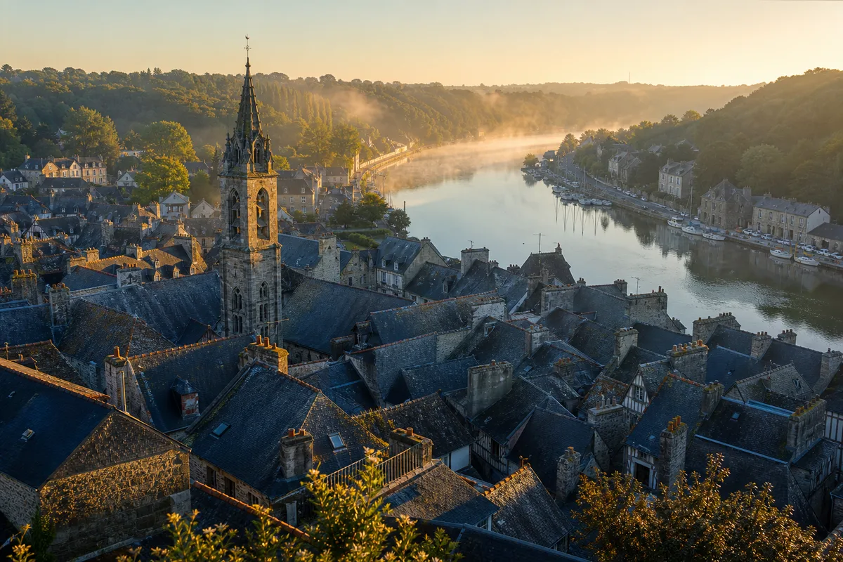 Toits d’ardoise serrés d’une basse-ville bretonne au bord de la rivière, lumière du matin