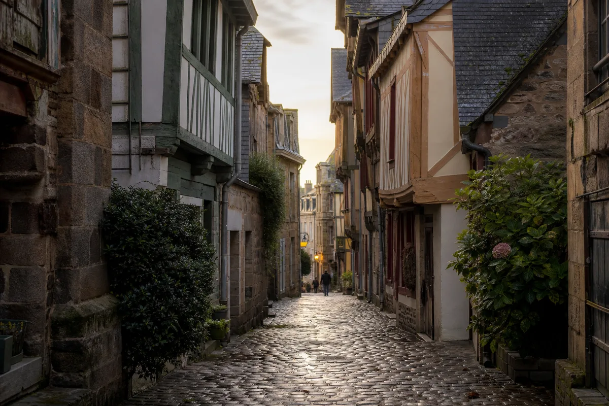 Ruelle pavée bretonne bordée de maisons à pans de bois coiffées d’ardoise