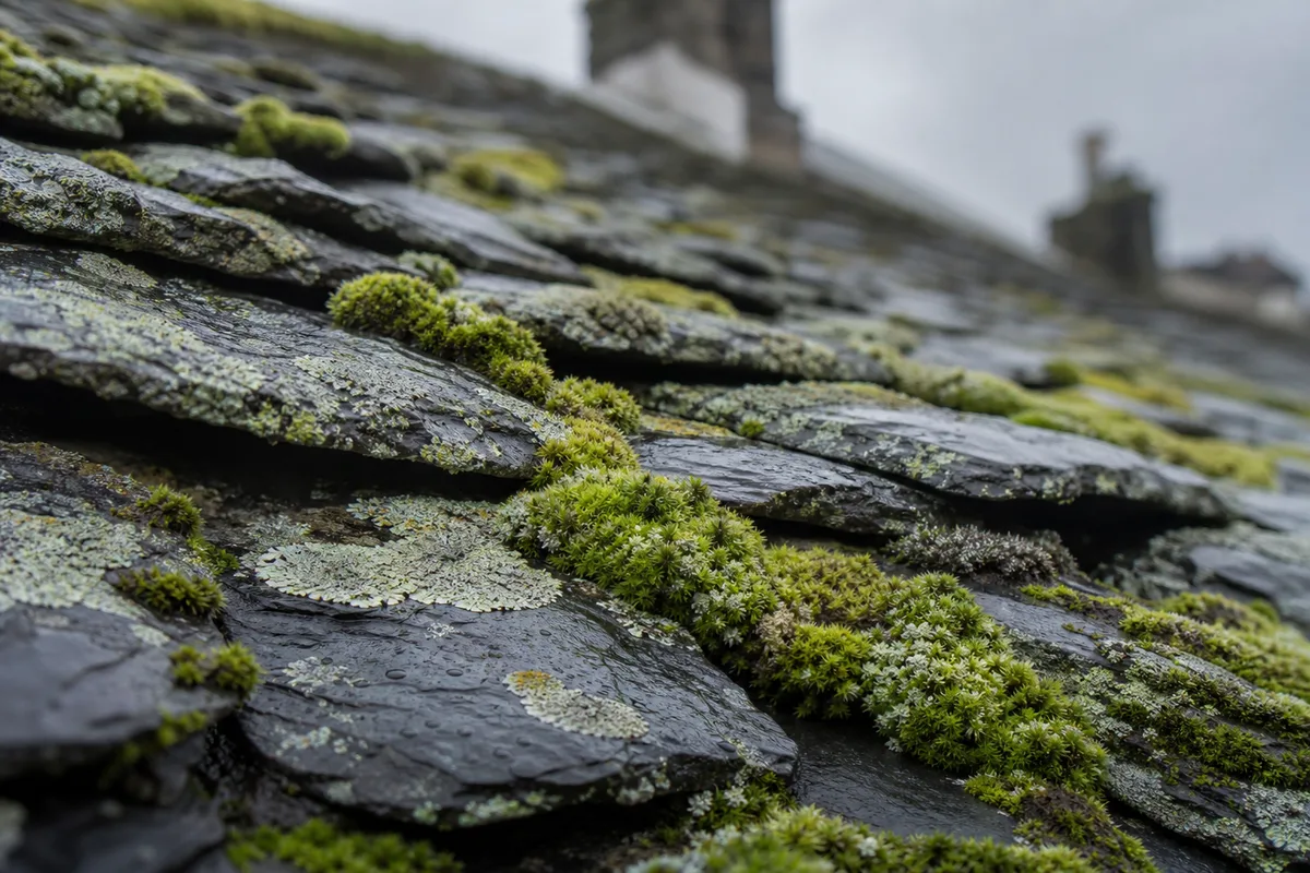 Ardoises couvertes de mousse et de lichens sur une toiture bretonne