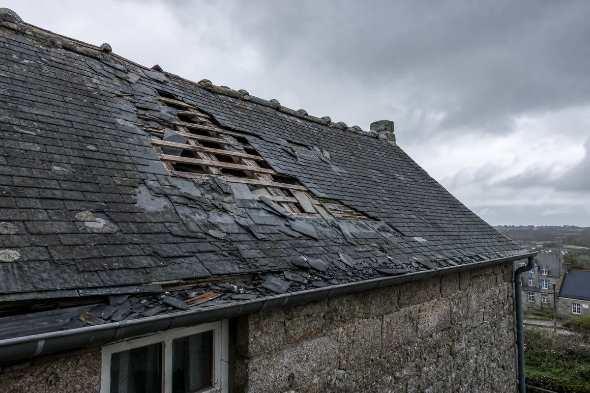 Faîtage ouvert et ardoises envolées sur une toiture après une tempête bretonne
